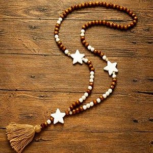 Handmade Boho Star Wood Beads Necklace With Tassels